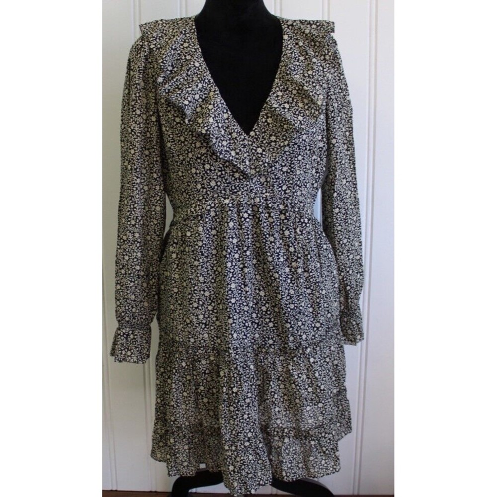 Joie Adanson Ruffle Trim Dress Women's Caviar/Bleached‎ Sand Floral Size 8 NWT